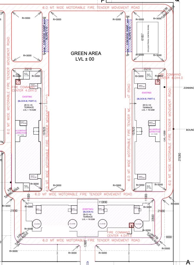 Close-up of the academic blocks and green area on the campus site plan