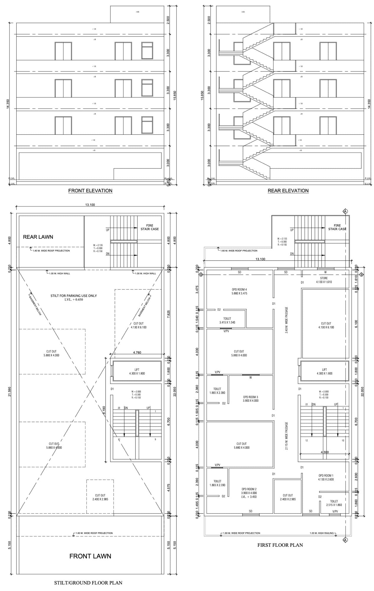 Front and rear elevations with stilt and first floor plans of a nursing home