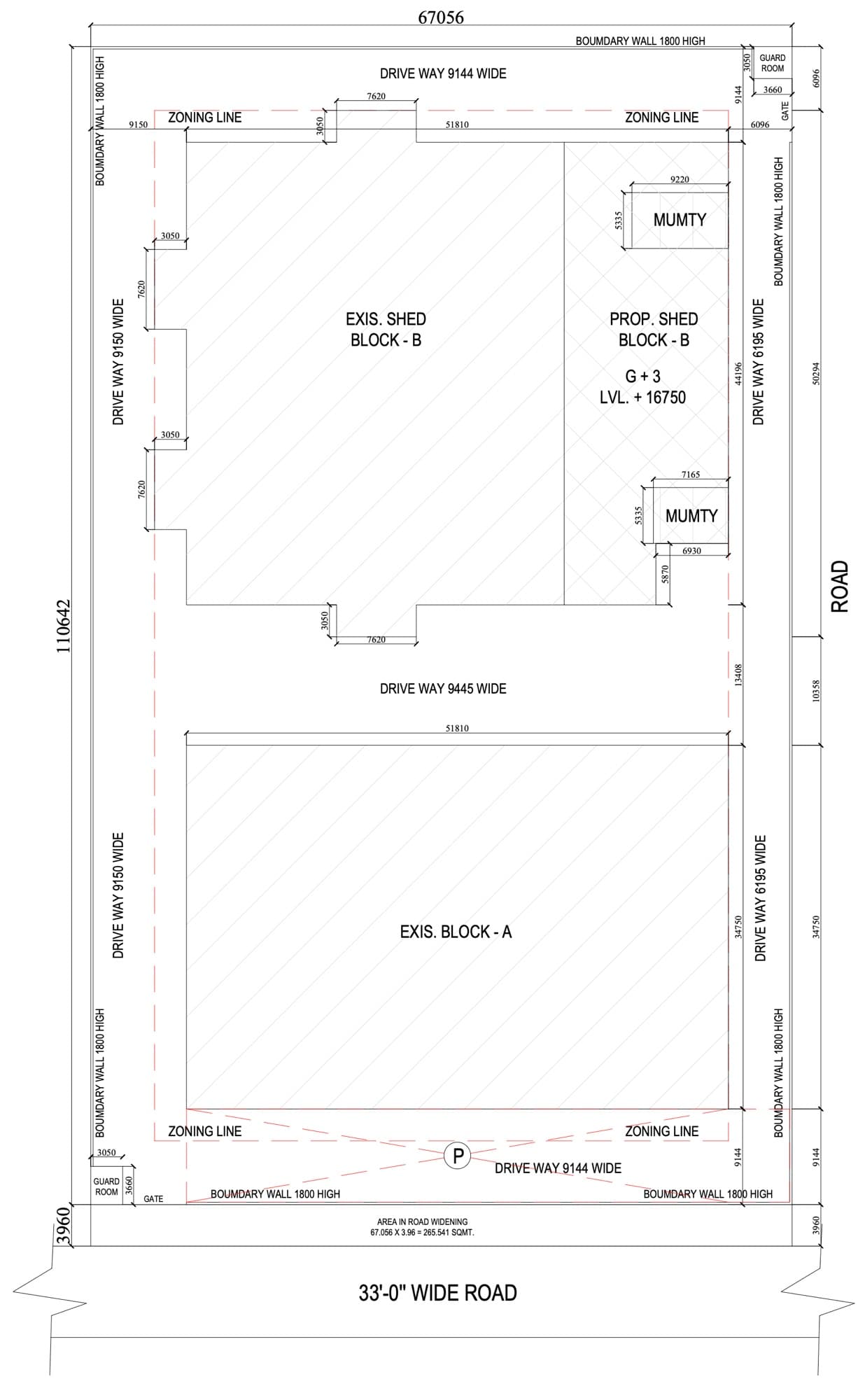 Site plan of an industrial factory with existing and proposed sheds